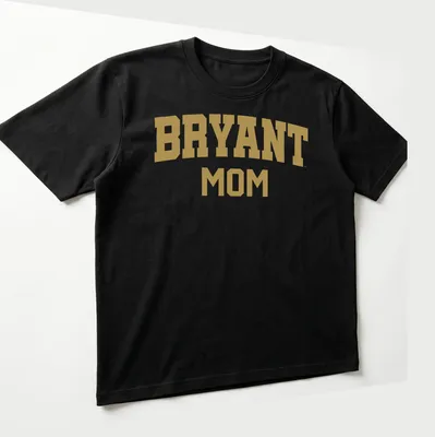 Bold collegiate Bryant Mom t-shirt in gold and white typography — printed on a unisex t-shirt (angled view)