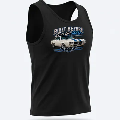 Vintage Pontiac Trans Am T-shirt featuring bold text and classic car design — printed on a tank top