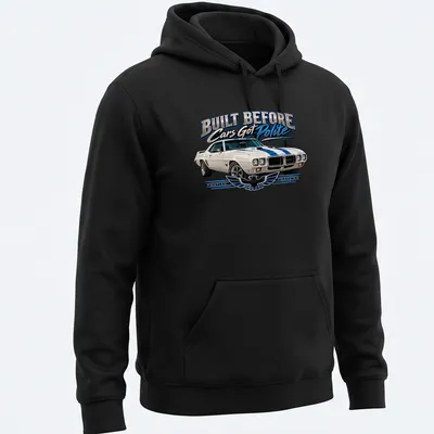Vintage Pontiac Trans Am T-shirt featuring bold text and classic car design — printed on a unisex hoodie