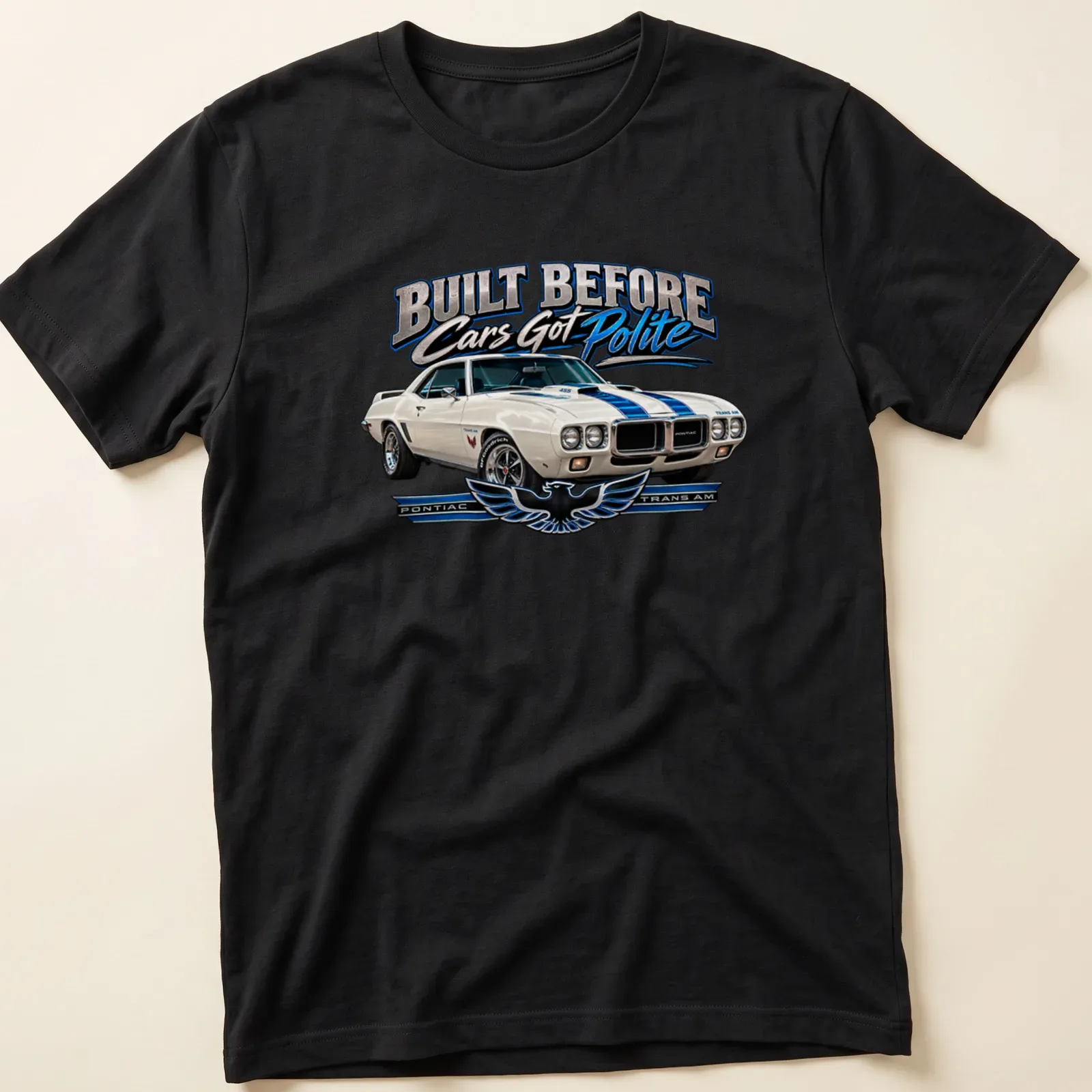 Vintage Pontiac Trans Am T-shirt featuring bold text and classic car design — printed on a unisex t-shirt