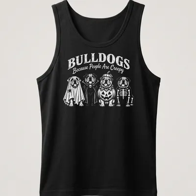 Playful cartoon bulldogs in Halloween costumes with humorous text — printed on a tank top