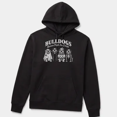 Playful cartoon bulldogs in Halloween costumes with humorous text — printed on a unisex hoodie