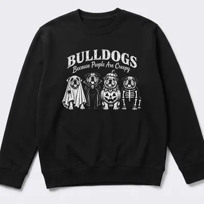 Playful cartoon bulldogs in Halloween costumes with humorous text — printed on a unisex sweatshirt