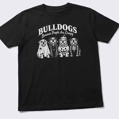 Playful cartoon bulldogs in Halloween costumes with humorous text