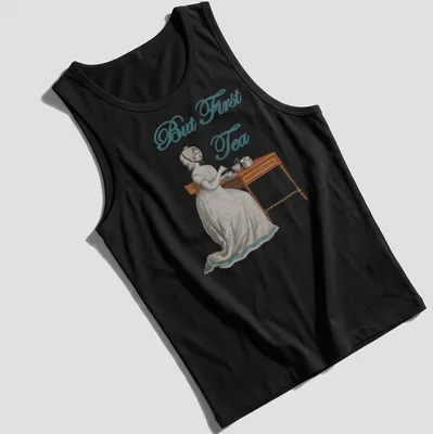 Vintage illustration of an Edwardian woman serving tea with the text 'But First Tea' — printed on a tank top