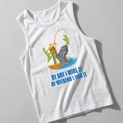 Cartoon design of a fisherman with a large fish and humorous text about fishing. — printed on a tank top