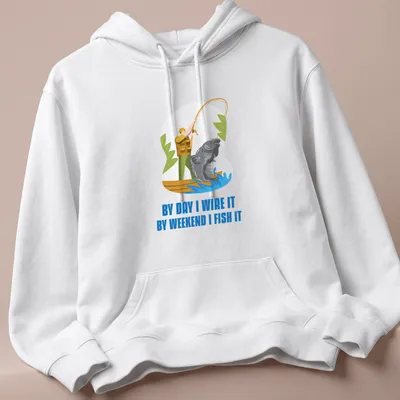 Cartoon design of a fisherman with a large fish and humorous text about fishing. — printed on a unisex hoodie