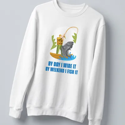Cartoon design of a fisherman with a large fish and humorous text about fishing. — printed on a unisex sweatshirt