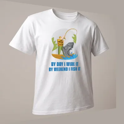 Cartoon design of a fisherman with a large fish and humorous text about fishing. — printed on a unisex t-shirt (angled view)