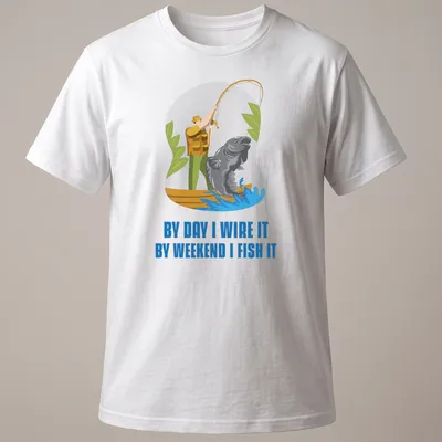 Cartoon design of a fisherman with a large fish and humorous text about fishing.