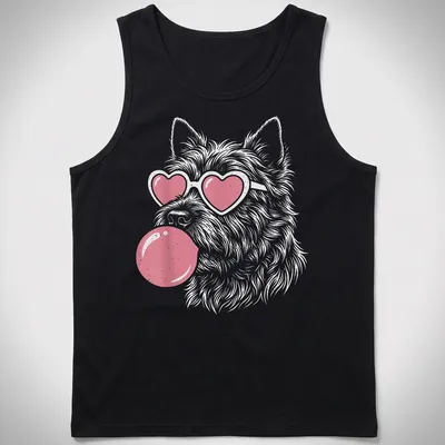 Playful illustration of a Cairn Terrier dog blowing bubble gum with heart sunglasses — printed on a tank top