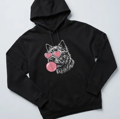 Playful illustration of a Cairn Terrier dog blowing bubble gum with heart sunglasses — printed on a unisex hoodie