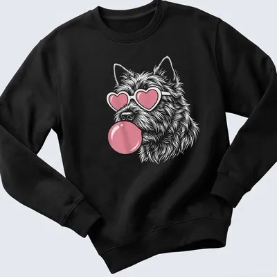 Playful illustration of a Cairn Terrier dog blowing bubble gum with heart sunglasses — printed on a unisex sweatshirt