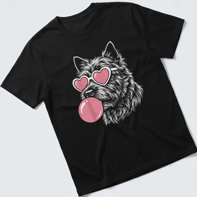 Playful illustration of a Cairn Terrier dog blowing bubble gum with heart sunglasses — printed on a unisex t-shirt