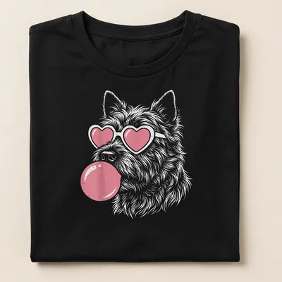 Playful illustration of a Cairn Terrier dog blowing bubble gum with heart sunglasses — printed on a women's shirt