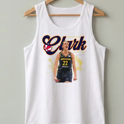 Bold graphic featuring Caitlin Clark playing basketball in red, yellow, black, and white — printed on a tank top