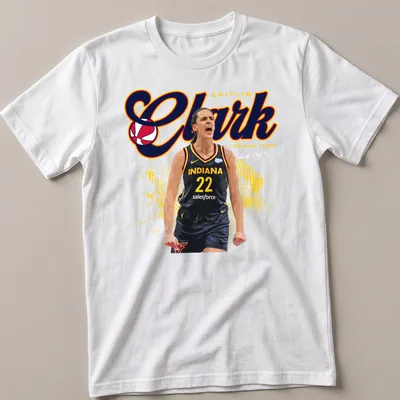 Bold graphic featuring Caitlin Clark playing basketball in red, yellow, black, and white