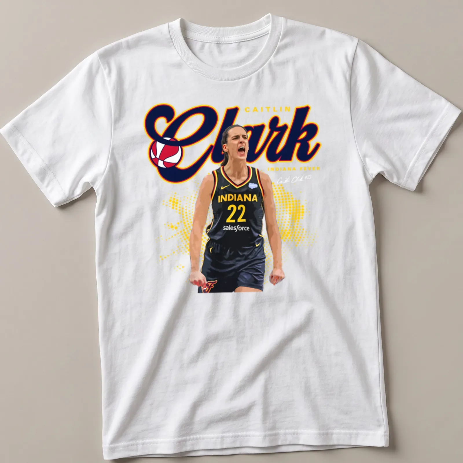 Bold graphic featuring Caitlin Clark playing basketball in red, yellow, black, and white — printed on a unisex t-shirt
