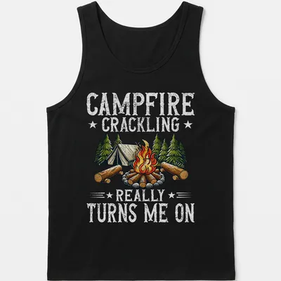 Vintage style t-shirt with campfire, tent, trees, and humorous text. — printed on a tank top