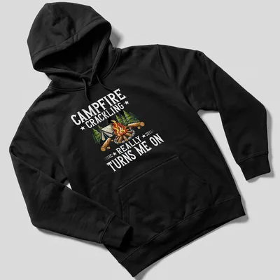 Vintage style t-shirt with campfire, tent, trees, and humorous text. — printed on a unisex hoodie