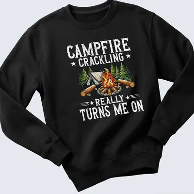 Vintage style t-shirt with campfire, tent, trees, and humorous text. — printed on a unisex sweatshirt