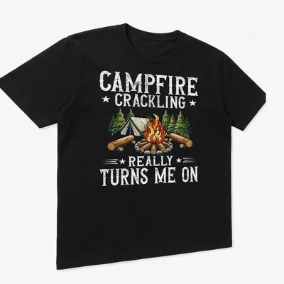 Vintage style t-shirt with campfire, tent, trees, and humorous text. — printed on a unisex t-shirt (angled view)