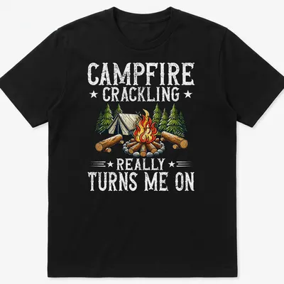 Vintage style t-shirt with campfire, tent, trees, and humorous text. — printed on a unisex t-shirt