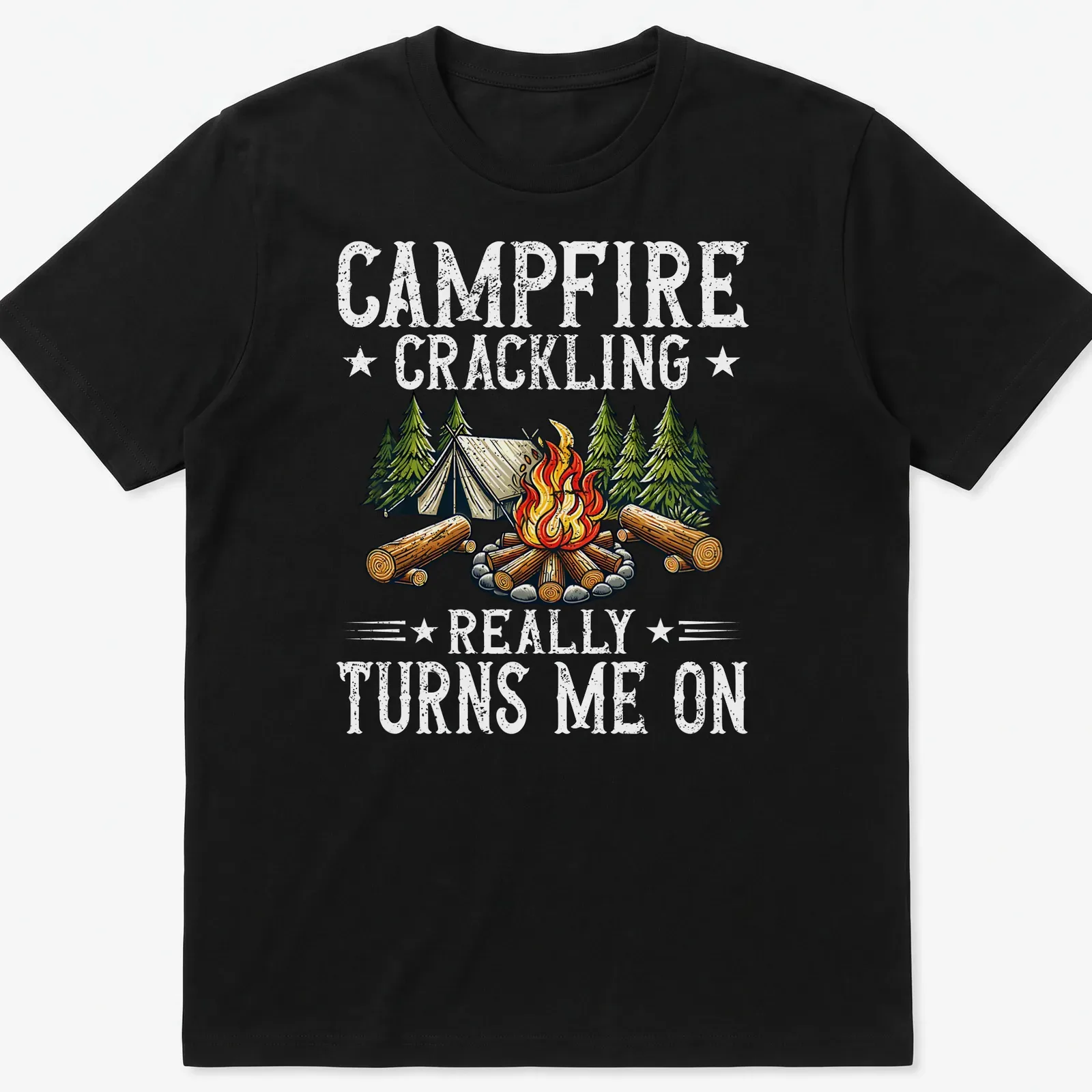 Vintage style t-shirt with campfire, tent, trees, and humorous text. — printed on a unisex t-shirt