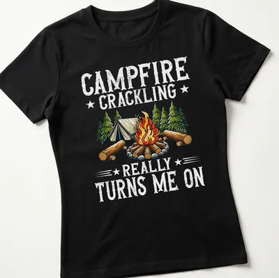Vintage style t-shirt with campfire, tent, trees, and humorous text. — printed on a women's shirt