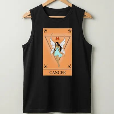 Illustrative Cancer Tarot fairy design with peach and light blue colors — printed on a tank top