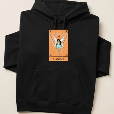 Illustrative Cancer Tarot fairy design with peach and light blue colors — printed on a unisex hoodie