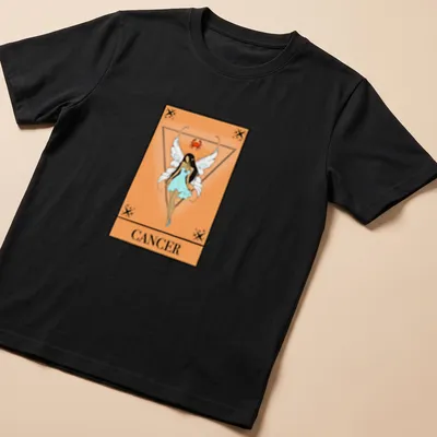 Illustrative Cancer Tarot fairy design with peach and light blue colors