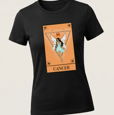 Illustrative Cancer Tarot fairy design with peach and light blue colors — printed on a women's shirt