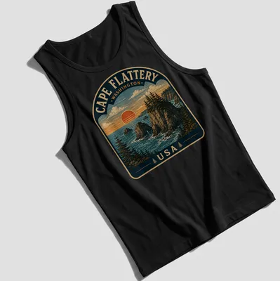 Vintage landscape t-shirt featuring Cape Flattery with ocean and cliffs — printed on a tank top