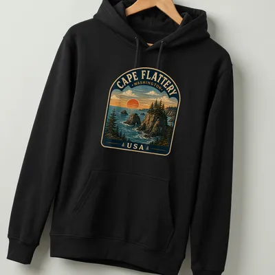 Vintage landscape t-shirt featuring Cape Flattery with ocean and cliffs — printed on a unisex hoodie