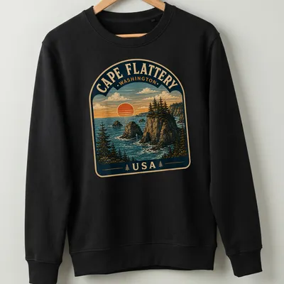 Vintage landscape t-shirt featuring Cape Flattery with ocean and cliffs — printed on a unisex sweatshirt
