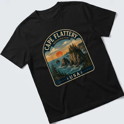 Vintage landscape t-shirt featuring Cape Flattery with ocean and cliffs