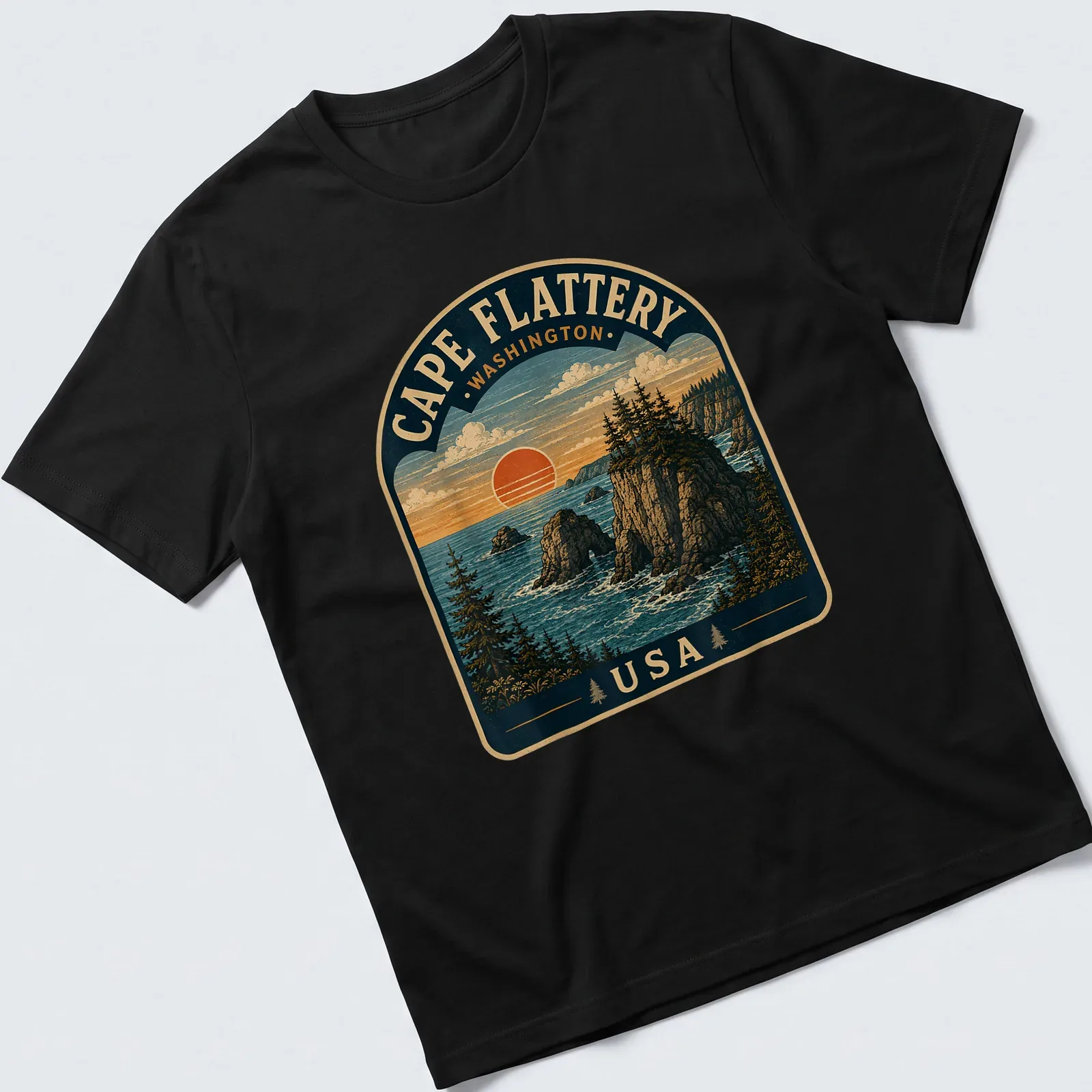 Vintage landscape t-shirt featuring Cape Flattery with ocean and cliffs — printed on a unisex t-shirt