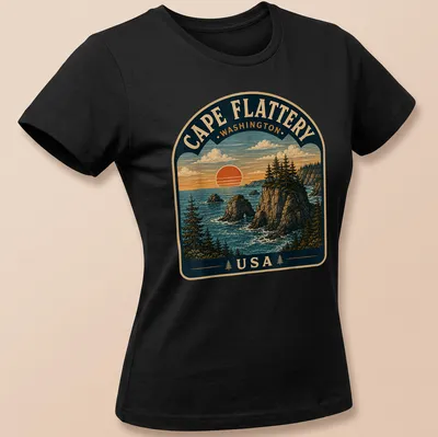 Vintage landscape t-shirt featuring Cape Flattery with ocean and cliffs — printed on a women's shirt