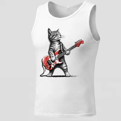 Retro t-shirt featuring a cat playing guitar in red, black, and white. — printed on a tank top