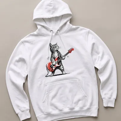 Retro t-shirt featuring a cat playing guitar in red, black, and white. — printed on a unisex hoodie