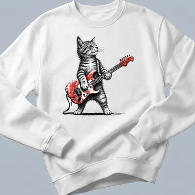 Retro t-shirt featuring a cat playing guitar in red, black, and white. — printed on a unisex sweatshirt