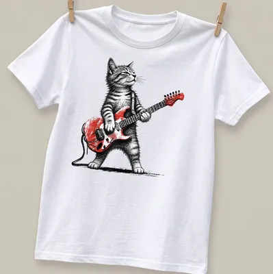 Retro t-shirt featuring a cat playing guitar in red, black, and white.