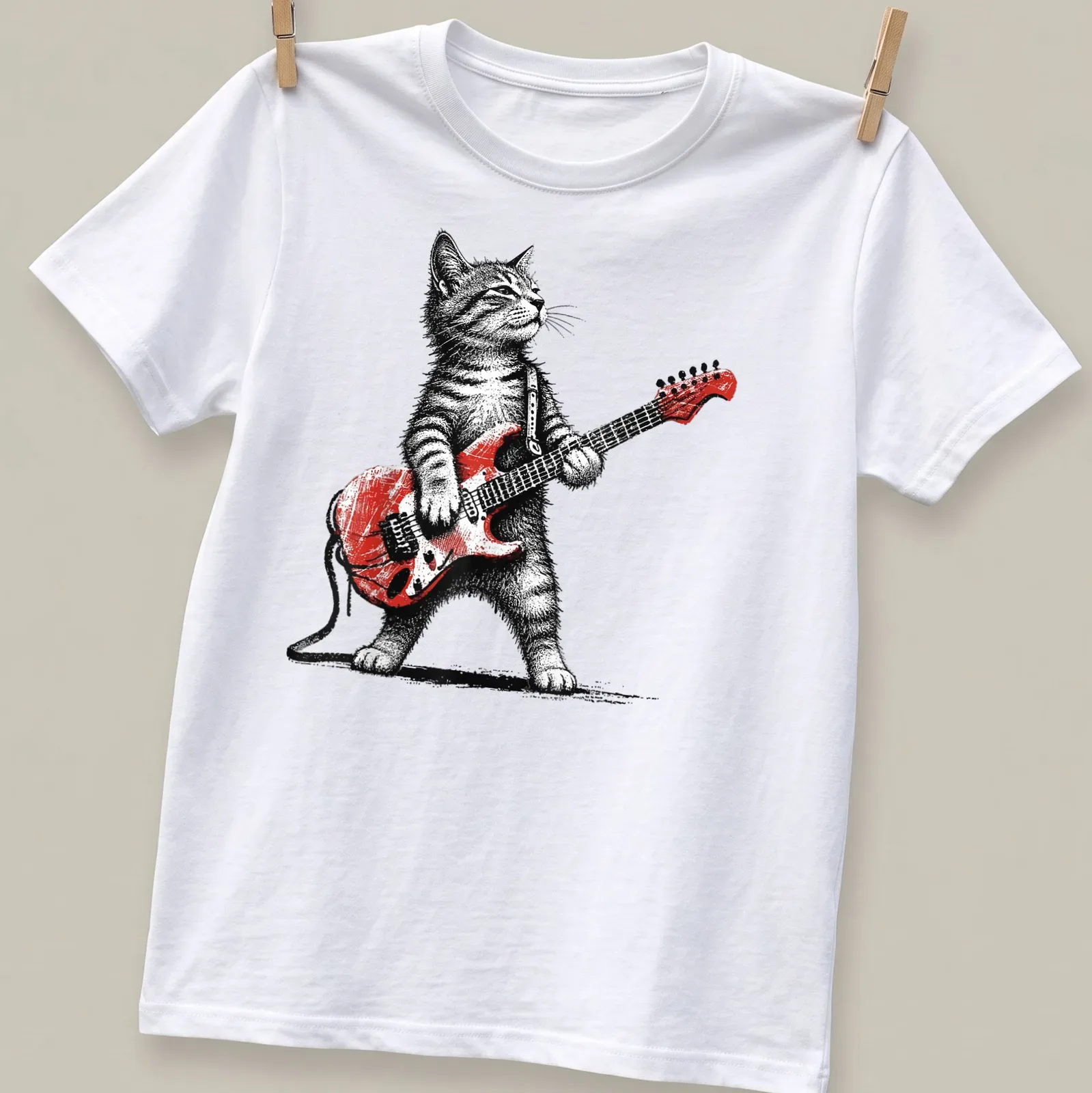 Retro t-shirt featuring a cat playing guitar in red, black, and white. — printed on a unisex t-shirt