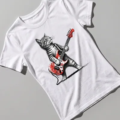 Retro t-shirt featuring a cat playing guitar in red, black, and white. — printed on a women's shirt