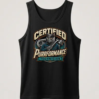 Vintage style t-shirt featuring a gray cat mechanic with the text Certified Purrformance Technician — printed on a tank top