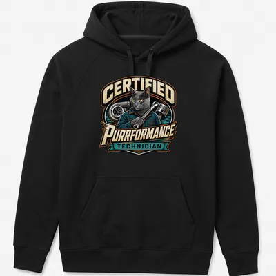 Vintage style t-shirt featuring a gray cat mechanic with the text Certified Purrformance Technician — printed on a unisex hoodie
