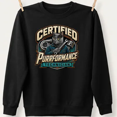 Vintage style t-shirt featuring a gray cat mechanic with the text Certified Purrformance Technician — printed on a unisex sweatshirt