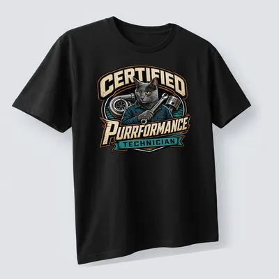 Vintage style t-shirt featuring a gray cat mechanic with the text Certified Purrformance Technician — printed on a unisex t-shirt (angled view)