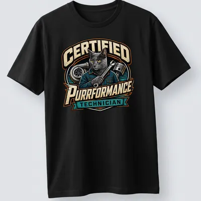 Vintage style t-shirt featuring a gray cat mechanic with the text Certified Purrformance Technician